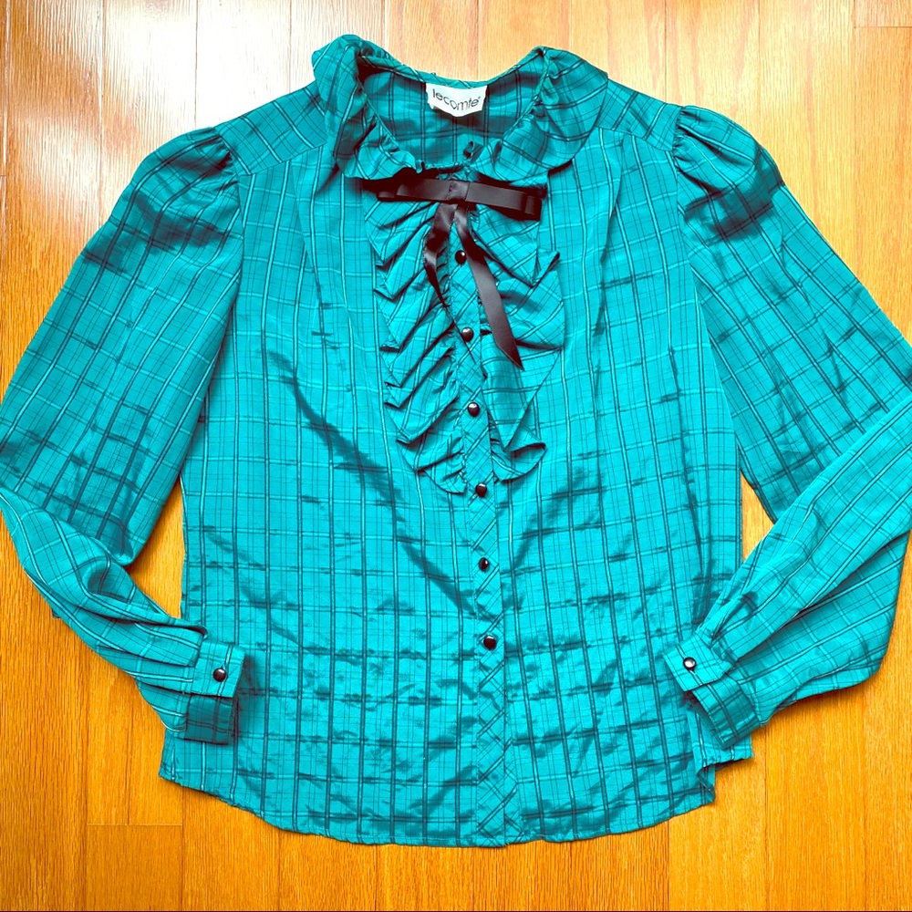 Jade tone on tone plaid ruffle front blouse